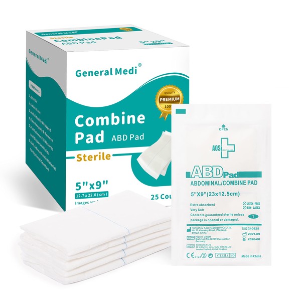 Sterile Abdominal (ABD) Combine Pads - 25 Count 5" x 9" Individually Wrapped Abdominal Pads, First Aid Pads - Absorbent & Thick