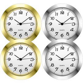 Outus 4 Pack 1-7/16 Inch Round Insert Gold Clock Face Metal Wall Silver Mini Clock with Arabic Numerals Fit Diameter 1-3/8 Inch Hole Easy to Read Home Office, Gold and Silver Bezel
