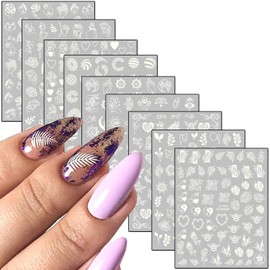 Abstract Nail Art Stickers, Holographic Luminous 3D Self-Adhesive Sticker Design, Flowers Leaf Abstract Girls Moon Nail Art Decals for Women Manicure Charms Decoration, Glow in The Dark Nail Decal