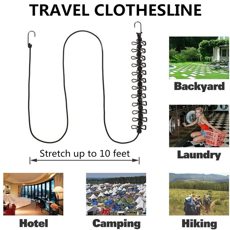 Portable Clothesline with 12 Clothespins, Windproof Travel Clothesline Stretchy Retractable