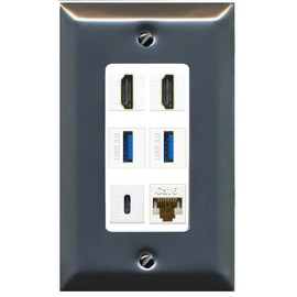RiteAV 2 HDMI USB 3.0 Type C Cat6 RJ45 Ethernet Wall Face Plate - 1 Gang Decorative [Stainless/White]