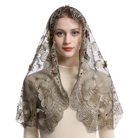 Bozidol Catholic Chapel Mantilla Veil Spanish Lace Head Covering Church Mass Veil for Religious Christian (Black-Gold)