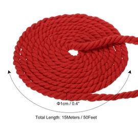 PATIKIL 1/2 Inch x 50 Feet Natural Twisted Cotton Rope 3 Strand Strong Thick Cotton Rope Tug of War Rope for Railings Crafts Home Decor, Red