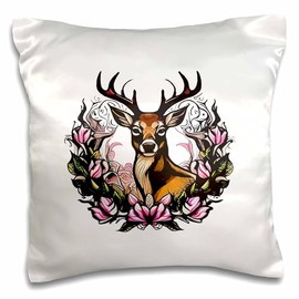 3dRose 16x16 inch Pillow Case - Arkansas Deer with Antlers and Apple Blossom Tattoo Art Vector Art - Arkansas State Mammal Flower