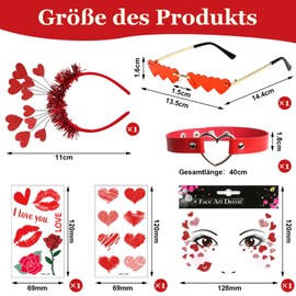 ZOCONE Pack of 6 Headband Hearts Red Heart Glasses Love Collar Made of Leather with 3 Heart Tattoos, Costume Women for Wedding Valentine's Day Surprise Costume Carnival Party Photo Props