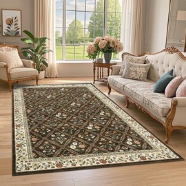 GarveeHome Living Room Rug 5x7 Rug Machine Washable Stain Resistant Area Rug Non Slip Floral Vintage Low Pile Rugs for Living Room, Bedroom, Farmhouse, Dining Room, Kids PlayroomBrown Natural