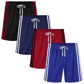 Resinta Paquete de 4 pantalones cortos de malla para niños, de secado rápido, pantalones cortos deportivos para correr, pantalones cortos de baloncesto, Negro, azul marino, burdeos, azul real, 6-7 Años