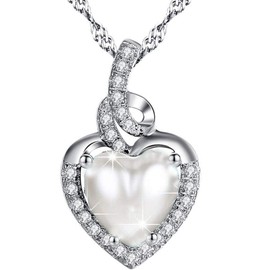 MABELLA Simulated Pearl Birthstone Heart Necklace Sterling Silver Women Pendant Birthday Gifts for Her