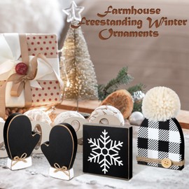 Wenqik 4 Pcs Winter Table Decor Snowflake Blocks Gloves Hat Winter Wooden Signs Farmhouse Wood Winter Tiered Tray Decorations Tabletop Wooden Table Centerpieces, 4 Styles