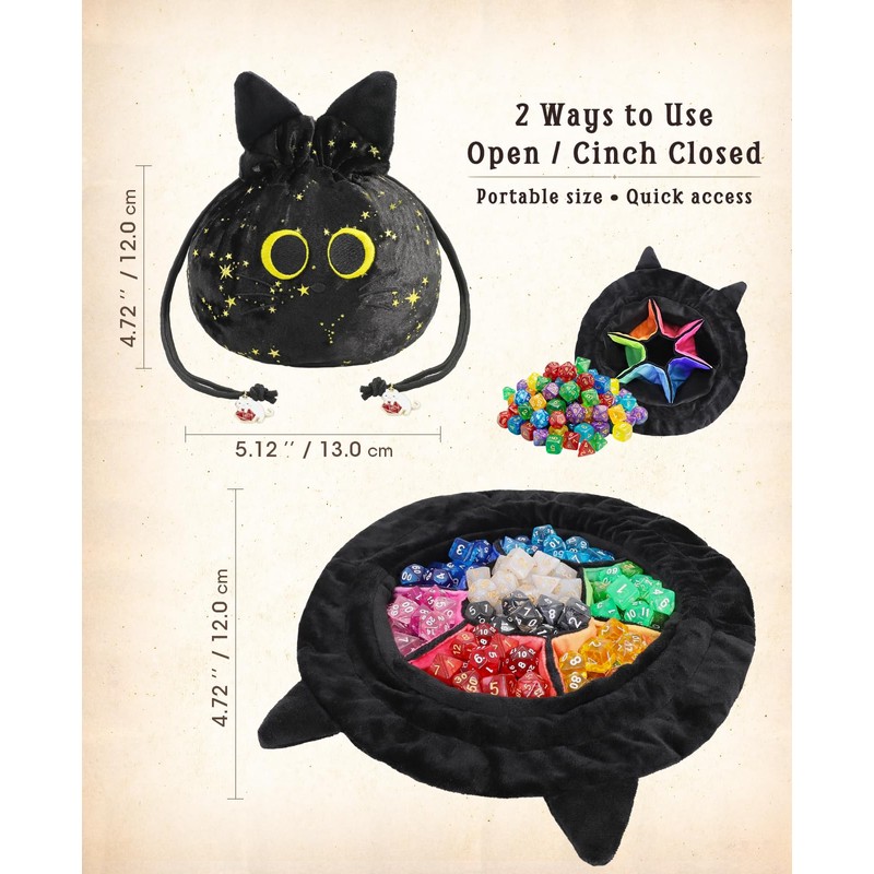 ANZOME Dice Bag, Black Cat Velvet Pouch with 7 Dividers,