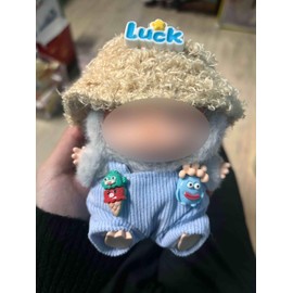 17cm Doll Clothes Cute Set, (NO Doll) Hat & Overalls Set for La bu Clothes Accessories Suit, (Yellow Velvet hat + Headdress + Suspender Pants)