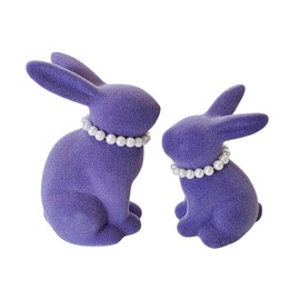Macosa WV559_x2 Easter Bunny with Pearl Necklace, Set of 2, Flocked, Purple Stoneware, Decorative Rabbit Sculpture, Easter Decoration, Easter Decoration, Figure Decorative Rabbit Table Decoration