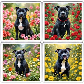 Black Staffy Coaster Set. 4 different Staffordshire Bull Terrier Dog Pictures on 10cm x 10cm Acrylic Coasters. Boxed Coaster Drip Mat Set.