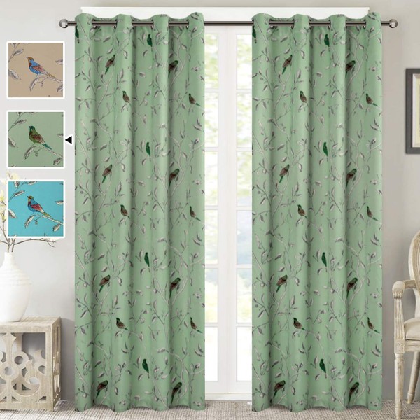 H.VERSAILTEX Blackout Curtains for Bedroom 84 Inches Length Thermal Insulated Birds Rustic Printed Curtain Drapes for Living Room Energy Efficient Room Darkening Home Decoration Curtains Pair, Sage