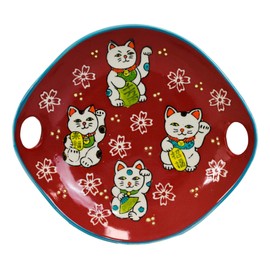 Ebros Red Maneki Neko Lucky Cat Appetizer Snack Serving Coupe Plate Dish With Chopsticks And Built In Rest Set Small Flat Bowl For Hors D'oeuvres Sushi Ice Cream Serveware Plates (1)