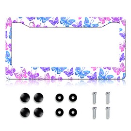HCSS Purple Blue Butterflies License Plate Frame,Butterfly Print Stainless Steel License Plate Holder Covers, Rust-Proof Waterproof Car Decorative Tag Frames for Standard US 12x6 Inch