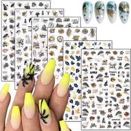 Seaside Beach Nail Art Stickers, Holographic 3D Summer Laser Gold with Black Nail Art Adhesive Sticker Design, Coconut Tree Leaf Dolphin Line Nail Art Decals for Women Girls Manicure Hawaii Decoration