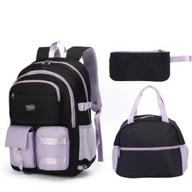 qodbopack 3PCS Student Backpack For School Women College Middle High Teen Girls Bookbag Waterproof Laptop Bag Black Purple