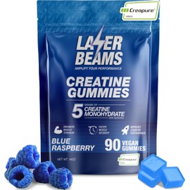 Laser Beams Creatine Monohydrate Gummies for Women & Men- 5g Creapure Creatine per Serving - Vegan, Blue Raspberry Flavor - Boost Muscle Strength, Endurance, Recovery & Mental Focus (90 Gummies)