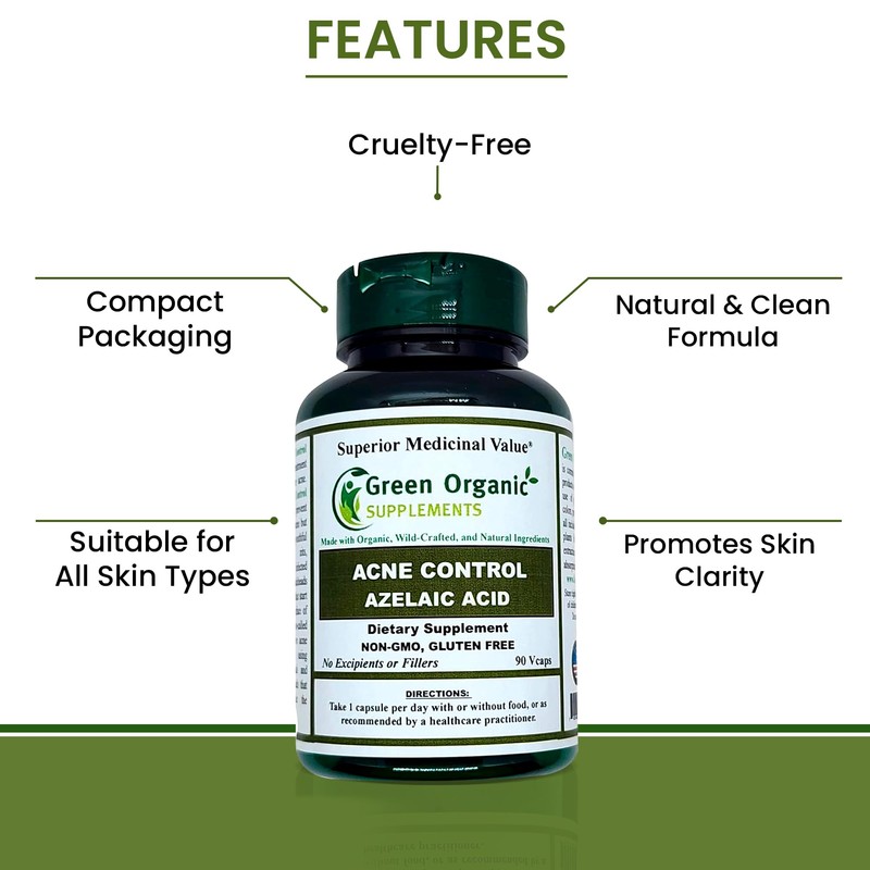 Green Organic Supplements Acne, Azelaic Acid, 90 VCaps, High Absorbable,