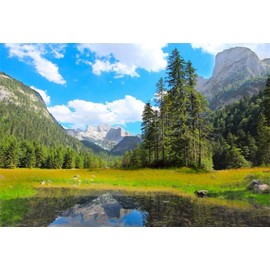 Laeacco 7x5FT Alps Mountain and Water Backdrop Natural Scenery Photography Background Blue Sky White Clouds Green Trees Europe Outdoor Landscape Wedding Photo Studio Kids Adults Portrait Shoot Props