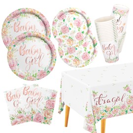 Floral Baby Shower Party Supplies Disposable Paper Plates Napkins Cups Tablecloth for Sweet Baby Girl Shower Party Gender Reveal Birthday Decorations, Serve 25.