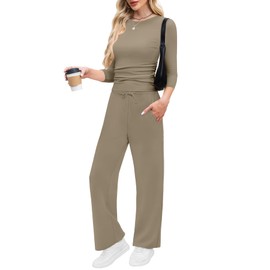 WIHOLL Lounge Sets for Women 2 Piece Vacation Travel Airport Outfits 2025 Summer Beach Clothes Dressy Casual Comfy Matching Sets Women Clothing Fall Athleisure Sweatsuits Loungewear Light Coffee L