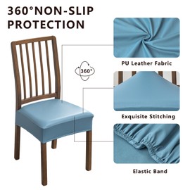 NILUOH Waterproof Seat Covers for Dining Room Chairs Set of 4, Pu Leather Chair Seat Slipcovers Dining Chair Cover Removable Washable Chair Protctor Cover, Rear Covers (PU-Light Blue)
