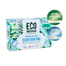 Eco Warrior Charcoal Clear Skin Soap Bar - Vegan, Cruelty Free, No SLS or Parabens, Whole Body Soap, Moisturising Charcoal, Grapeseed and Anti Bacterial Tea Tree Essential Oil, Eco Friendly Soap 100g