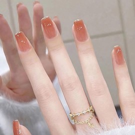 Nail Tips, Short, 24 Pieces, Nail Tips, Brown Color, Gradient, Silver Edge, Popular, Japanese Style, Cute, Simple, Fashionable Party, Autumn, Spring, Summer, Daily Life, Bridal Nail Design, Coming of