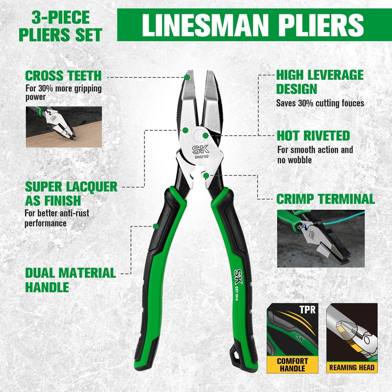 SK 3-Piece Pliers Set, 9.5-Inch Linesman, 8-Inch Diagonal & Needle
