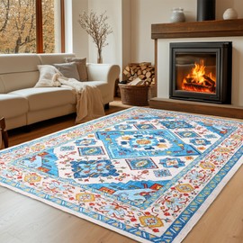 Instellar Area Rug 5x7, Traditional Soft Boho Design, Faux Wool Bright & Vivid Color Carpet, Non-Slip Washable Rugs for Living Room, Bedroom, Farmhouse, Dining Room, Indoor, Kids Playroom, Blue