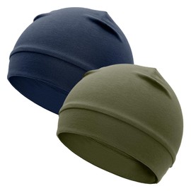 ROYBENS 97% Cotton Skull Caps Beanies for Men Women, Breathable Helmet Liner Sleep Hat Sweat Wicking Cap, Navy & Green