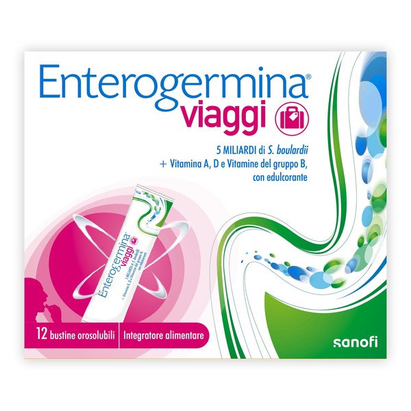 Enterogermina Viaggi Dietary Supplement for Bowel Regularity with Probiotics and Vitamin A, B12, B6, B9 and Vitamin D, with Sweetener. 12 Sachets Strawberry Flavour