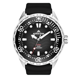 NORTH EDGE Solar Powered Dive Watch Women Men’s Watch, 1000FT/300M Water Resistance, Luminous Dial, Silicone Strap Black 45.8mm