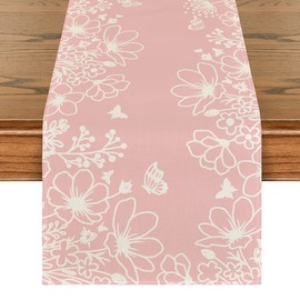 Artoid Mode Pink Bloom Flowers Butterfly Spring Table Runner, Seasonal Holiday Kitchen Dining Table Decoration for Home Party Indoor 13x108 Inch