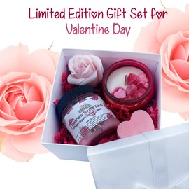 Luxury Bath Gift Set for Women - Gentle Raspberry Sugar Scrub, Strawberry Shea Butter Soap, Bella's Kiss Candle in Glass Jar - Spa Gift Basket in White Box Gift for Her