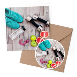 1 x Greeting Card & 10 cm Round Sticker Set - Fitness Healthy Living Fruit - Birthday Thank You Friend Lover Fan Mum Dad Kids #3755