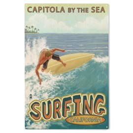 Lantern Press 10x15 Inch Wood Sign, Ready to Hang Wall Decor, Capitola, California, Capitola By the Sea Surfer Scene