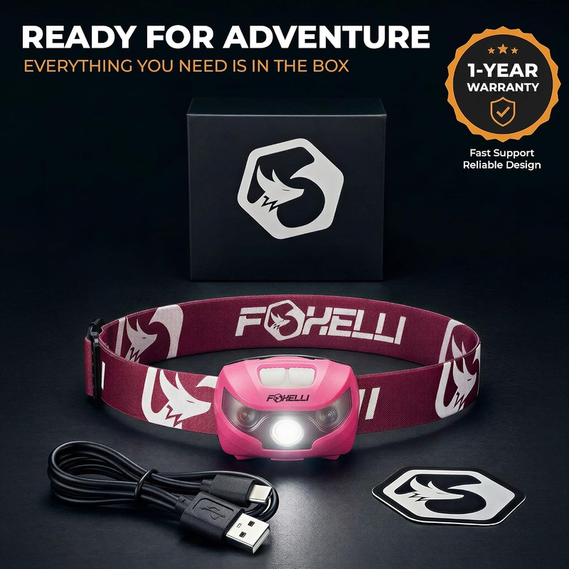 Foxelli USB-C Rechargeable LED Headlamp – Super Bright, Lightweight Head