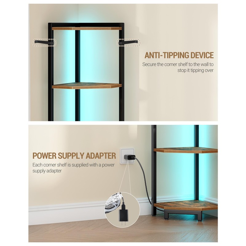 Hzuaneri Corner Shelf with LED Light, 6-Tier Corner Bookshelf, Tall