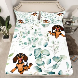 Erosebridal Girls Kawaii Animal Sheet Set Cute Dachshund Bed Sheets Set, Cartoon Dog Twin Sheets Green Leaf Bed Set, Spring Garden Plant Top Sheet Child Kids Bedroom Decor