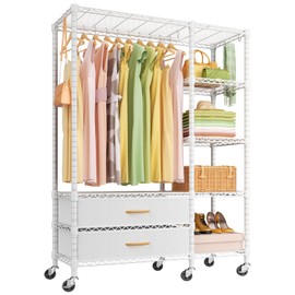 Ulif F3R Heavy Duty Clothes Rack（With Lockable Wheels）Freestanding Clothing Racks for Hanging Clothes，Adjustable Closet Organizer System，Portable Garment Rack 40"W x 15"D x 74"H，Max Load 700LBS，White