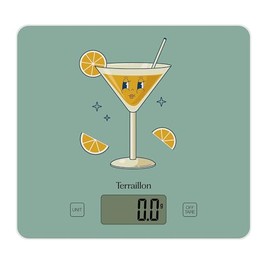 TERRAILLON - T1040 Retro Cocktail Electronic Kitchen Scales Glass Top Capacity 3kg Scale 1g Tare Liquid Conversions Ultra Thin and Compact - LCD Display - Retro Cocktail