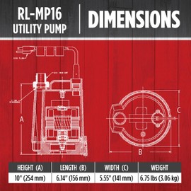 Red Lion RL-MP16 115 Volt, 1/6 HP, 1300 GPH Manual Thermoplastic Submersible Utility and Multi-purpose Pump with Removable Screen, 8-Ft. Cord, Black, 14942731