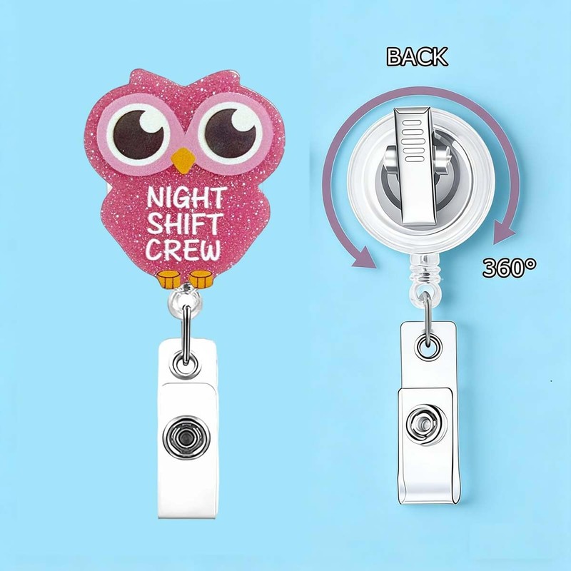 Cute ID Badge Reel Pink Owl Badge Holder with 360°Claw