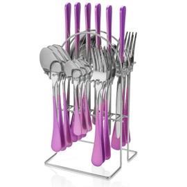 FTNESGYM 24 Pieces Silverware Set, Stainless Steel Cutlery Set with Holder, Flatware Set for 6 Person Tableware Set Includes Dinner Knives Forks Spoons Teaspoons, Mirror Polished (Purple Silver)