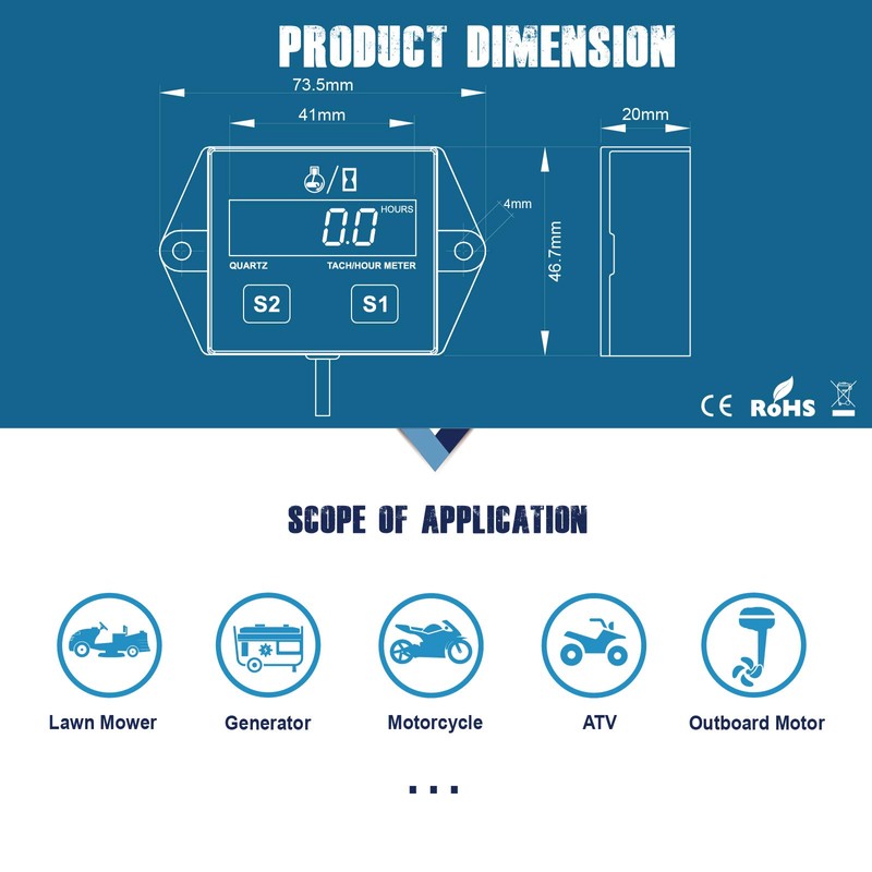 Runleader Digital Hour Meter Tachometer, Maintenance Reminder, Battery Replaceable, Automatically