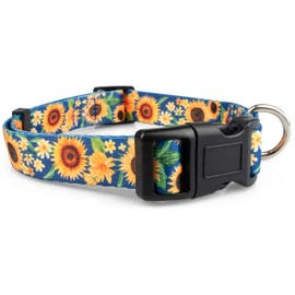 Limeloot Sunflower Dog Collar for Female Dogs - Cute Adjustable Girl Dog Collar for Small Medium Large Dogs, Blue and Yellow Large
