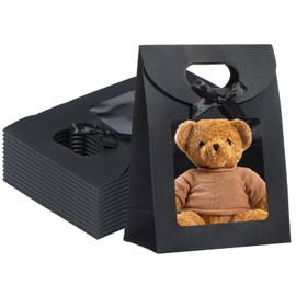 Liobelon 12 Pieces Kraft Paper Gift Bags with Clear Window, Stand Up Gift Bag With Handles Packaging Bag with Bow for Candy Cookies Party Store (black, 6.3 x 4.7 x 2.4inch)